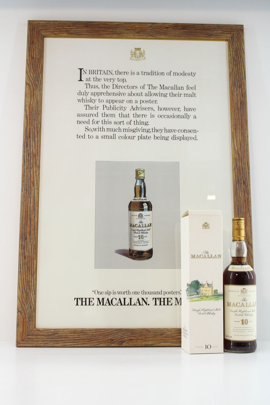 Macallan - 10 Years Old - 1990s (75cl) + Advertising Poster - " One Sip Is Worth One Thousand Posters " - Framed