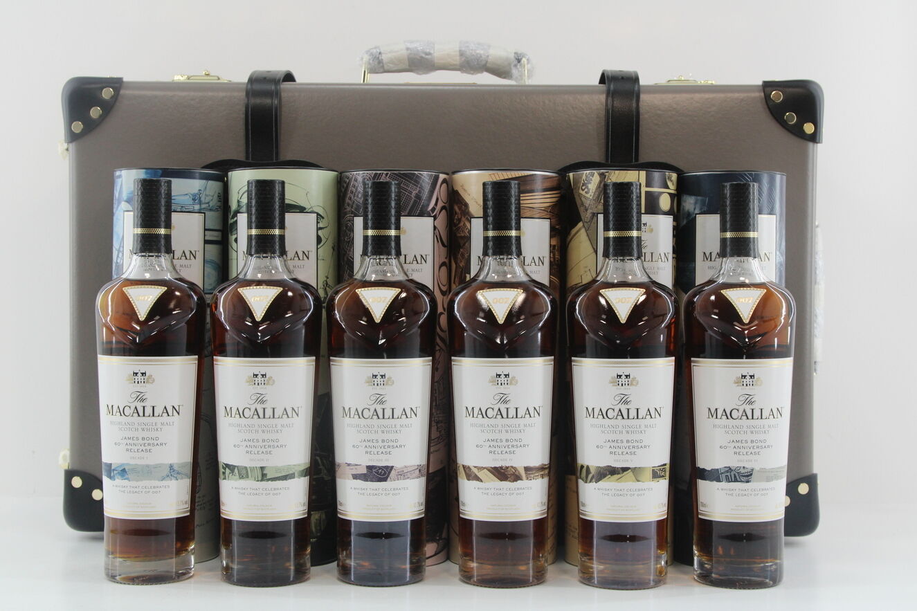 Macallan - James Bond 60th Anniversary Set 1-6 + Globe Trotter Tray, Luggage Tag And Framed Prints 